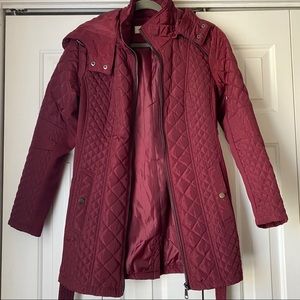 Sebby Collection | Red quilted coat with tie waist